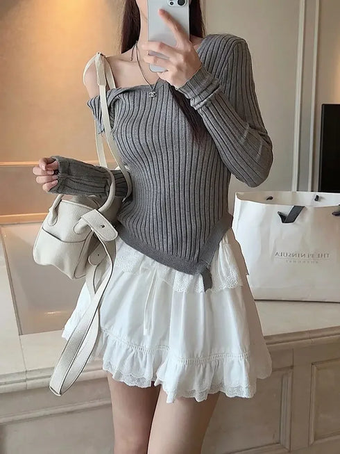 ワンショルカットデザインニット