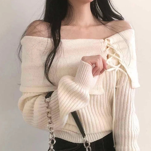オフショル編み上げニット