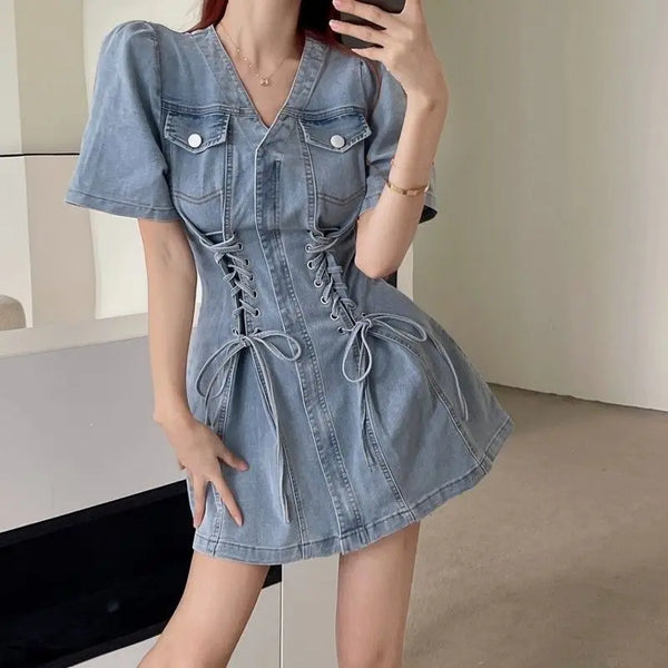 レースアップデニムワンピ