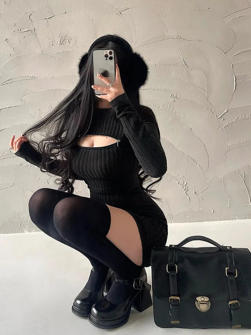 オープンファスナーニットワンピ