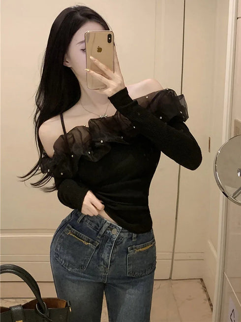 フリルオフショルトップス