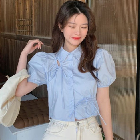 シャーリングリボンデザインブラウス