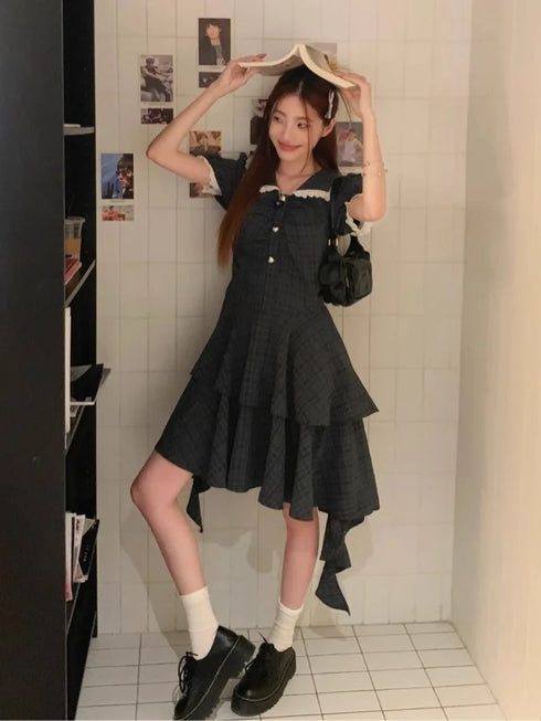 デザインスカートチェックワンピ