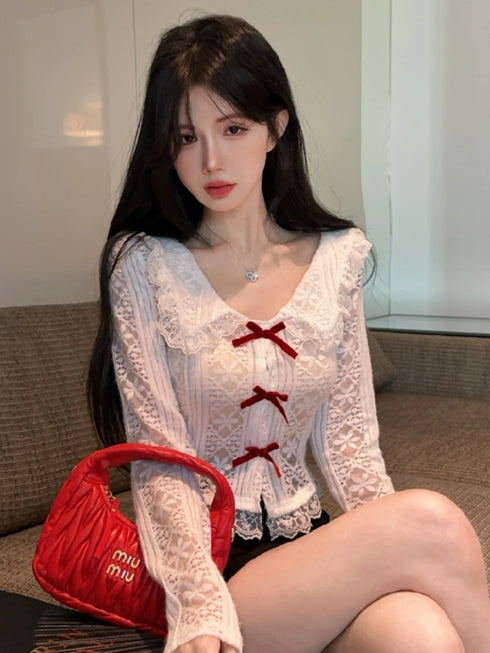 レース赤リボンカーディガン