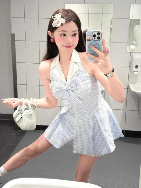 サマーブルーチェックワンピ