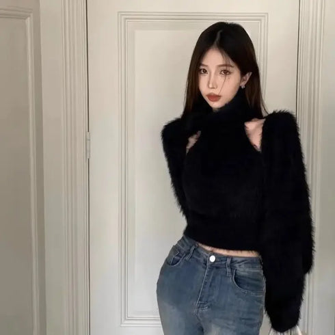 ハイネックファーセットトップス