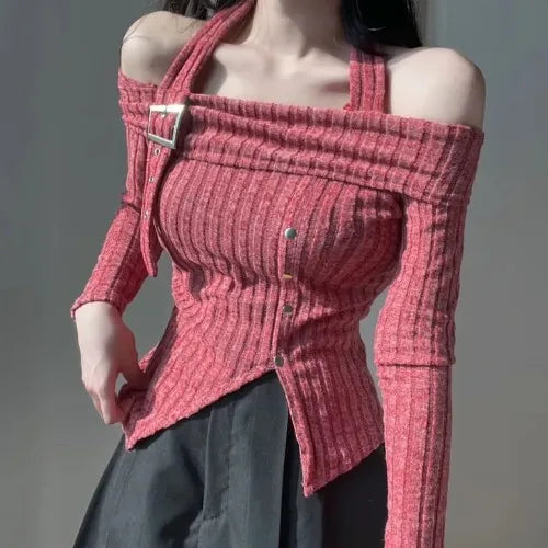 ホルターネックオフショルワンピ