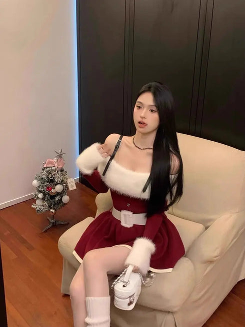 レッドバイカラーオフショルニットミニワンピ