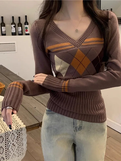 アーガイルVネックニット