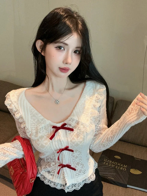 レース赤リボンカーディガン