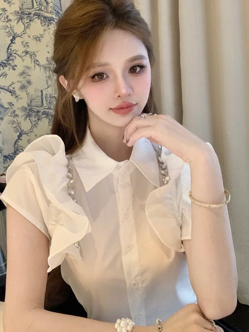 ビジューフリルスリーブブラウス