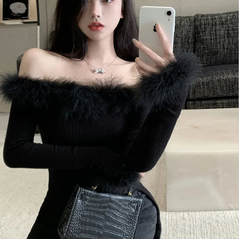 オフショルダブルファースリットニット