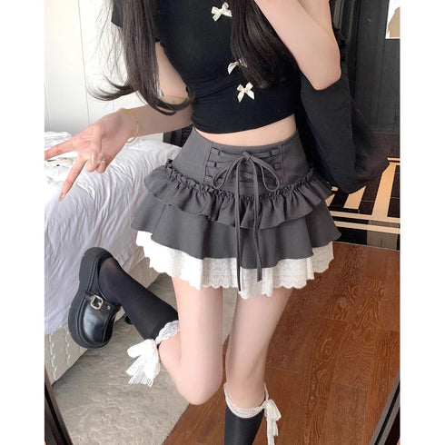 3段フリルレースアップミニスカート