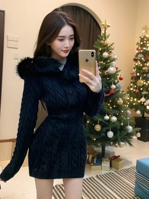 フードニットタイトワンピ