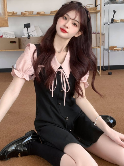 ピンクブラックミニ丈リボンワンピ