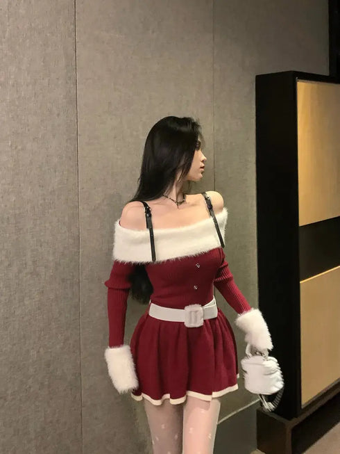 レッドバイカラーオフショルニットミニワンピ