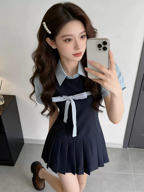 アクセントリボン制服風ワンピース