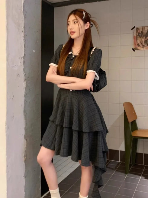 デザインスカートチェックワンピ