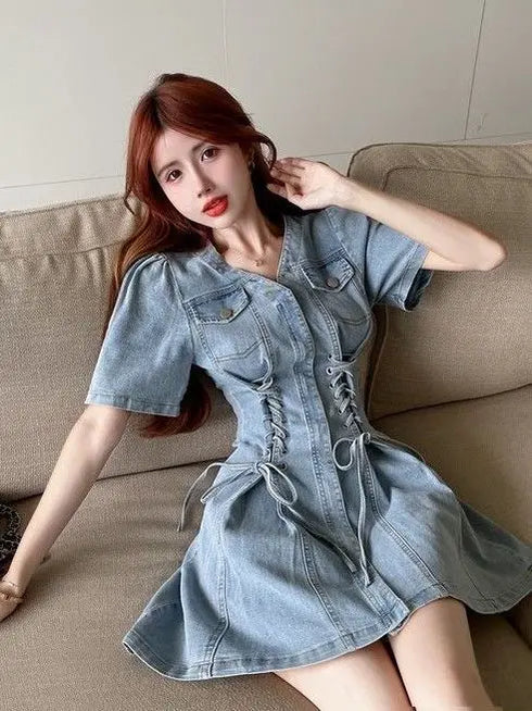 レースアップデニムワンピ