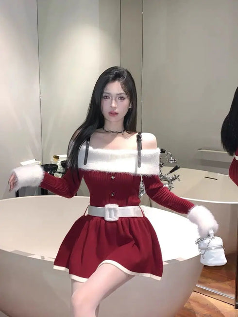 レッドバイカラーオフショルニットミニワンピ