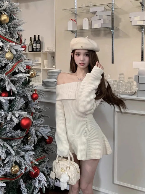 オフショルフェミニンニットワンピ