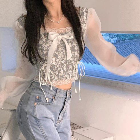 くすみレースデザインリボントップス