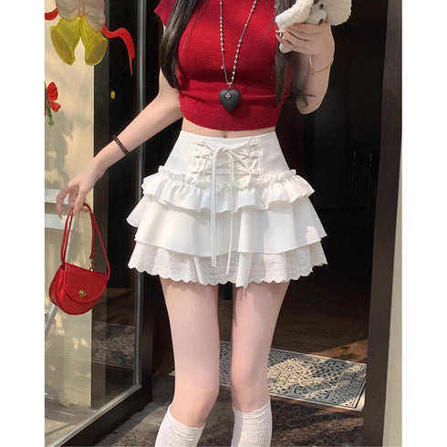 3段フリルレースアップミニスカート
