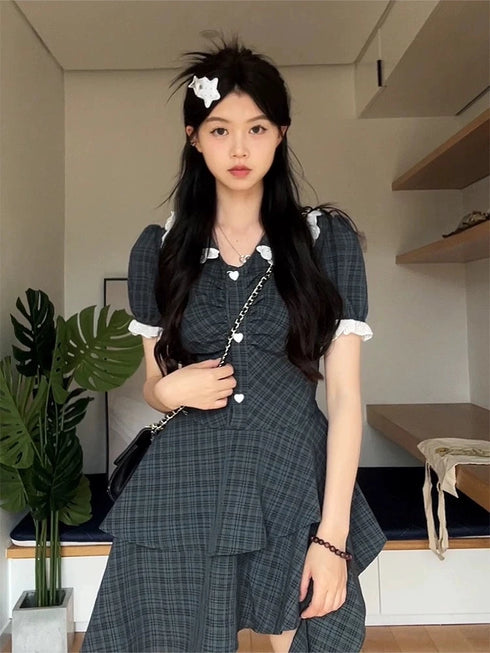 デザインスカートチェックワンピ