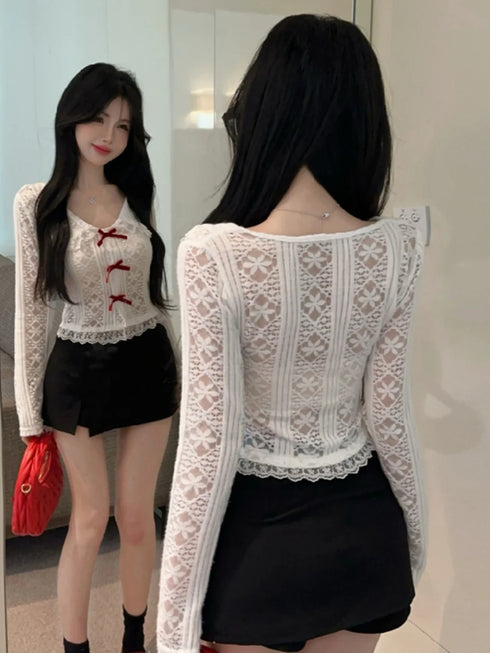 レース赤リボンカーディガン