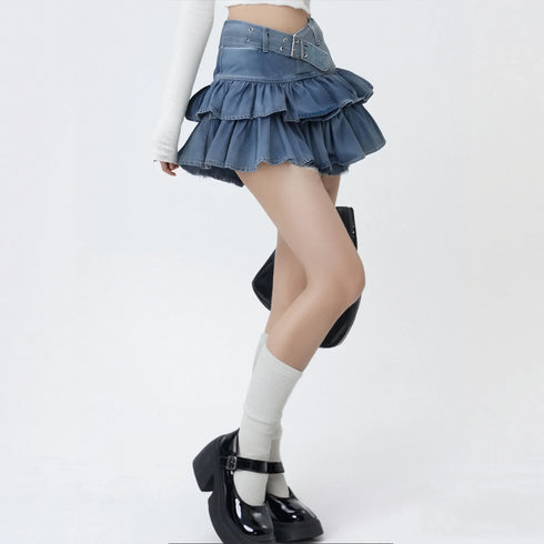 2段フリルデニムミニスカート