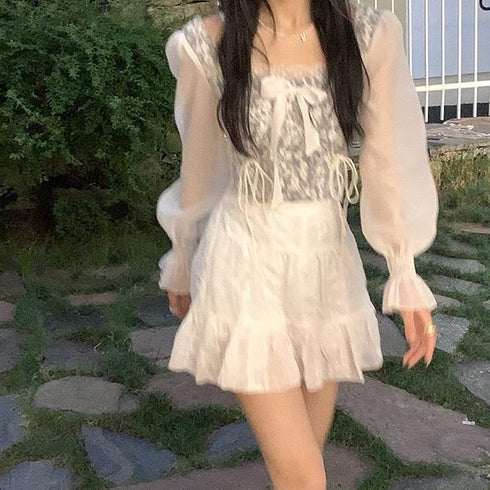 くすみレースデザインリボントップス