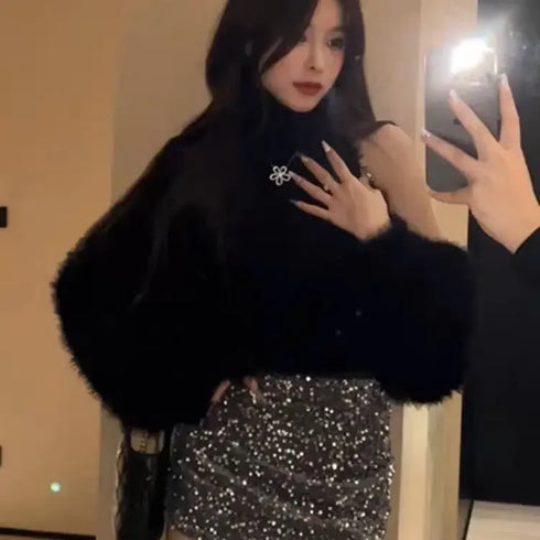 ハイネックファーセットトップス