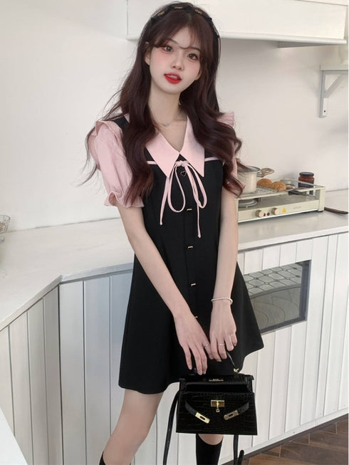 ピンクブラックミニ丈リボンワンピ