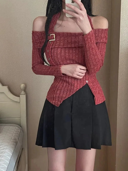 ホルターネックオフショルワンピ