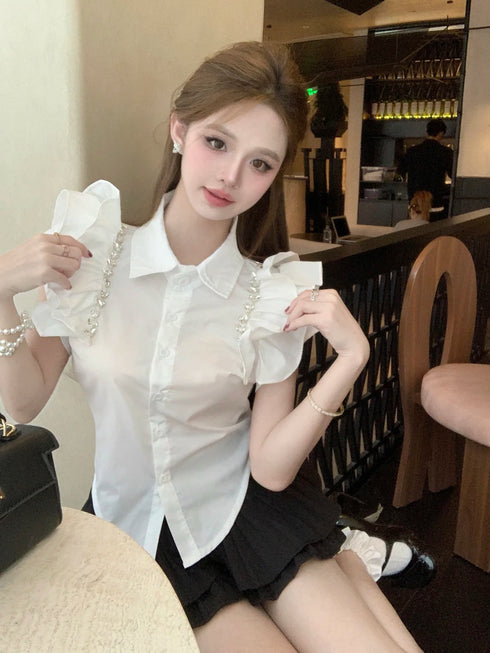 ビジューフリルスリーブブラウス