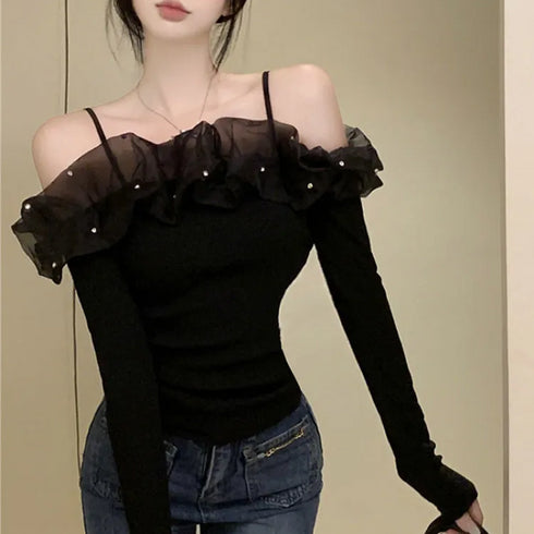 フリルオフショルトップス