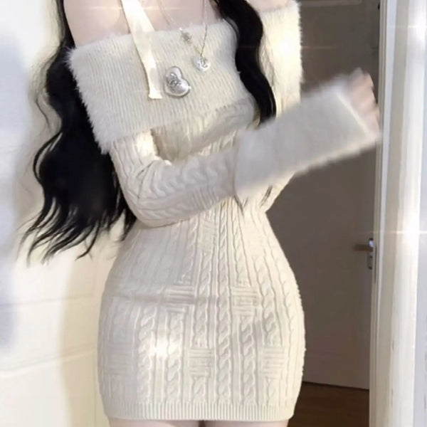 ふわふわオフショルニットミニワンピ