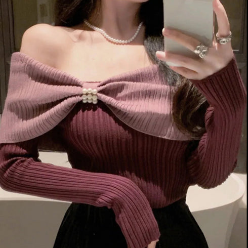 バイカラーリボンオフショルニット