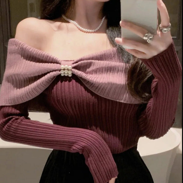 バイカラーリボンオフショルニット