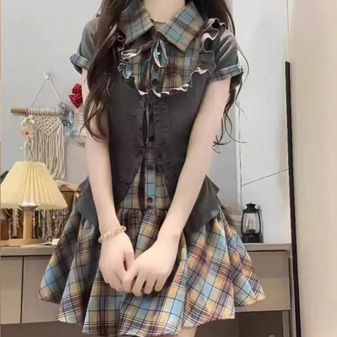 チェックミニ丈ワンピセット