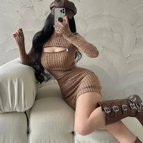 オープンファスナーニットワンピ