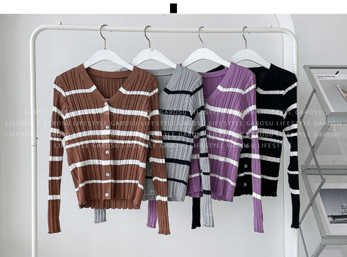 Vネックストライプカーディガン