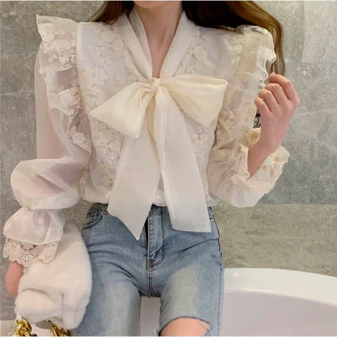 フリルレースリボンブラウス