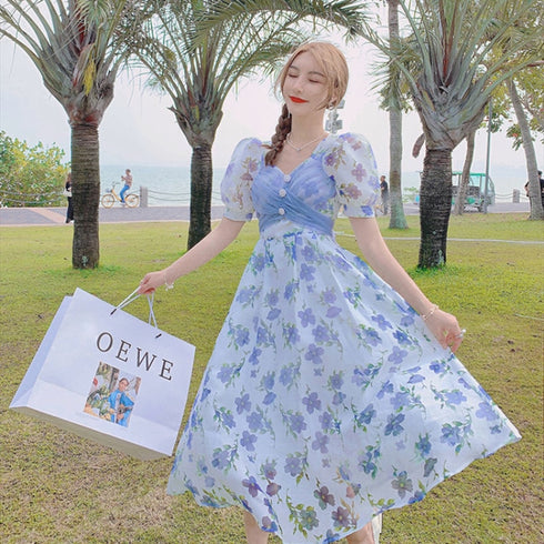 ブルーフラワーロングワンピース