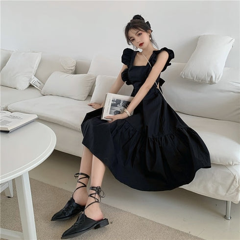 バックデザインフリルスリーブロングワンピ