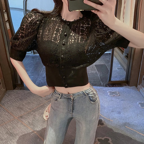 レースハイウエストトップス