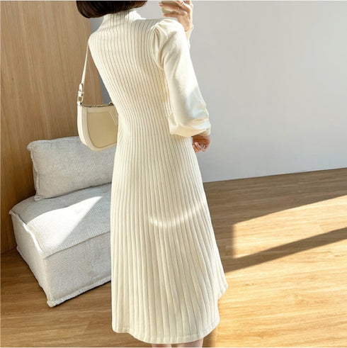 ぽわ袖ニットシンプルロングワンピース