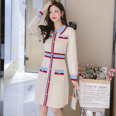 配色ラインホワイトワンピース