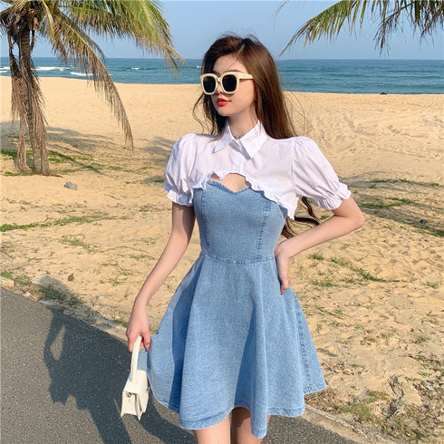 ブルーワンピホワイトブラウスセット