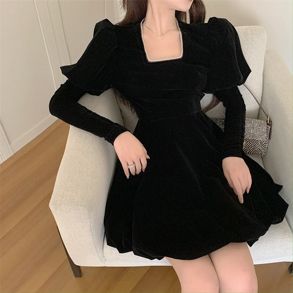 ベルベットパフショル長袖ワンピ